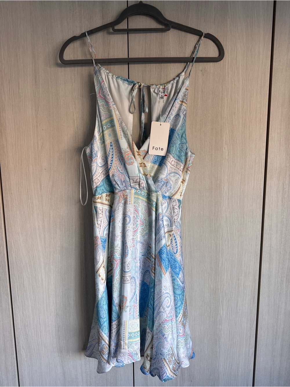 Fate Light Blue Paisley Tie-Back Mini Dress NWT